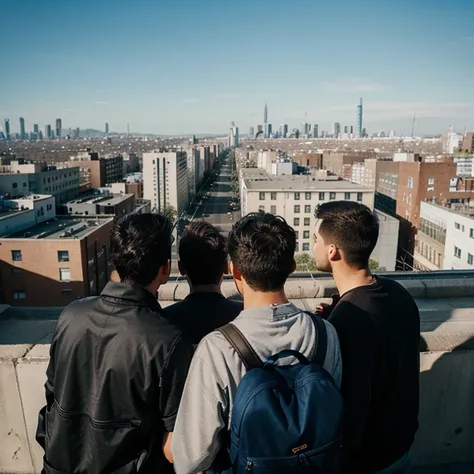 4 man facing away from the camera, middle of city, beautiful view of city, 