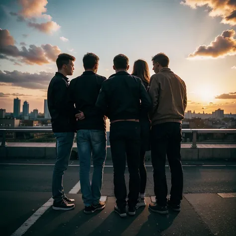 4 poeple, 4 man facing away from the camera, middle of city, beautiful view of city,  lomo, photographer style, photography, photogenic, 4k, perfect blurry background, sunset