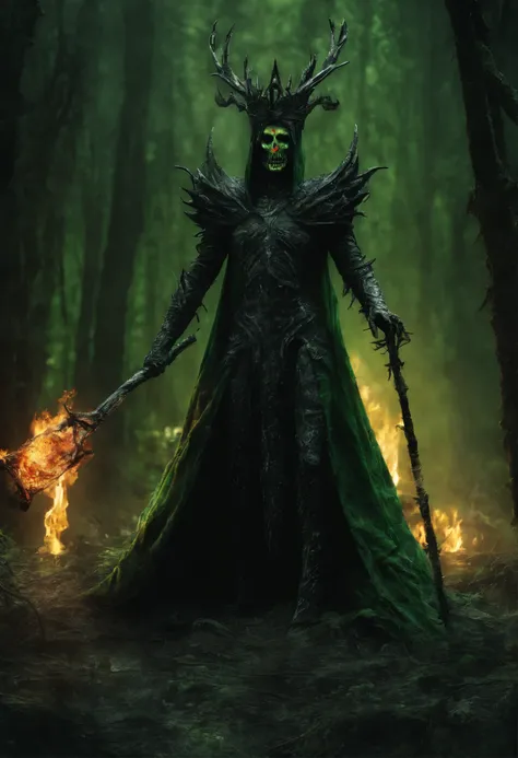 a lich-queen in crown with red glowing eyes walks through a swampy forest BREAK holding a long massive staff, ((green magic flame burning in the tip of the staff):1.5) BREAK night, moon, bats, (Best Quality, 16K, Masterpiece, UHD:1.3, Huge detail, hyper re...