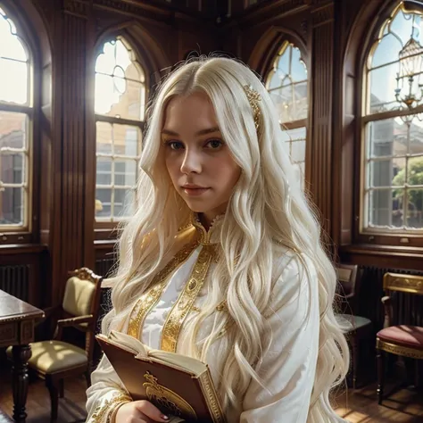 young woman, long wavy white hair, wearing princes outfit with gold details, detailed Victorian hall, books, chandeliers, large windows, sun rays.