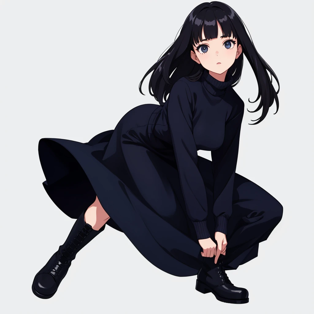 full body shot of a woman、blank background、long skirt、Navy turtleneck sweater、looking here、black hair、have bangs、black boots、Draw eyes most accurately