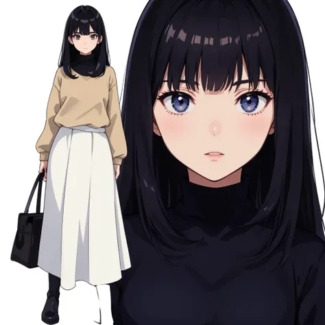 woman、full body shot、blank background、long skirt、Navy turtleneck sweater、looking here、black hair、have bangs、black boots、Added a close-up illustration of the face to the side、Draw eyes most accurately