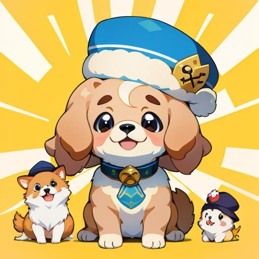 Maltese baby, collie ou collie border, Golden Retriever,A puppy wearing a fluffy imperial dress and a hat on its head, arte oficial, , Sobre, retrato estilo anime, estilo de arte anime moe, estilo anime 2d, estilo de arte fofo, anime estilizado, estilo de ...