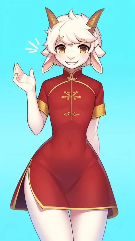 Best quality, Super detailed illustration, (1 boy:1.2), (goat:1.4) , feminine face and body, disheveled thick hair, Chinese dress, shy smile, Femboy, small waist, wide hips, Slim, perfect body, style &quot;don&#39;t worry&quot;, 