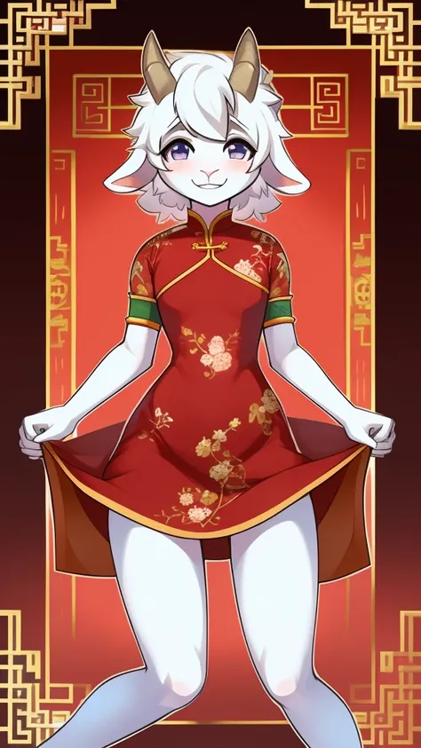 Best quality, Super detailed illustration, (1 boy:1.2), (goat:1.4) , feminine face and body, disheveled thick hair, Chinese dress, shy smile, Femboy, small waist, wide hips, Slim, perfect body, style &quot;don&#39;t worry&quot;, 