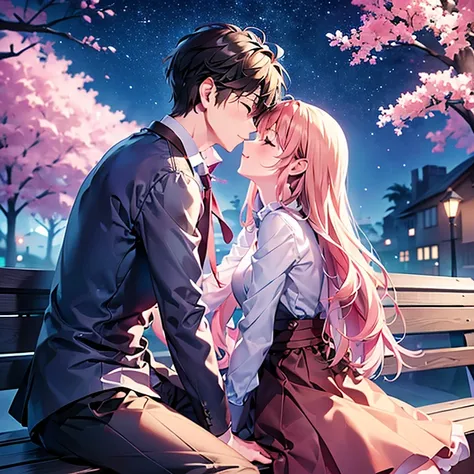 the night sky shines、on a park bench、a man and a woman have a gentle kiss、