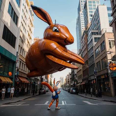 A giant carrot devouring Bugs Bunny in a city setting