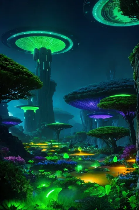 Imagine and illustrate a futuristic alien landscape with lush greenery, reminiscent of the vibrant environments seen in Avatar. Design an otherworldly scene with unique flora, bioluminescent elements, and intriguing alien structures. Enhance the verdant at...