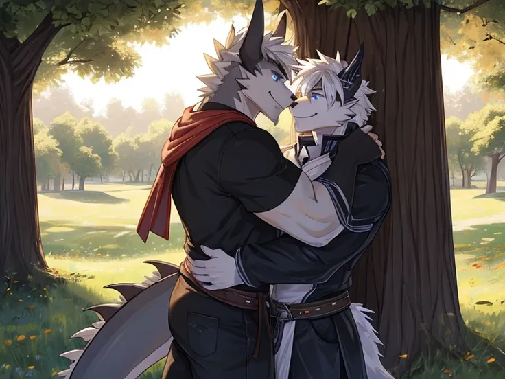 (Best Quality), 1Male,  (Furry Gray Dragon), Blue Eyes, White Medium Hair, Casual Set, Fit Body, Good Looking, teeth, 1Male, (Furry Black Dragon), Purple Eyes, Gray Medium Hair, Gray Facial Hair, Casual Set, Good Looking, Fit Body, ((Black Dragon Hugging G...