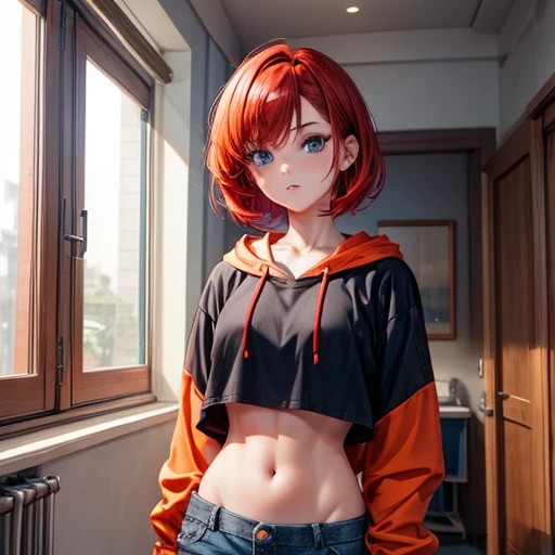 1girl, blue eyes, short red hair, Sculpted Crop Cut, orange and white crop top hoddie, black shorts, room, looking at viewer 