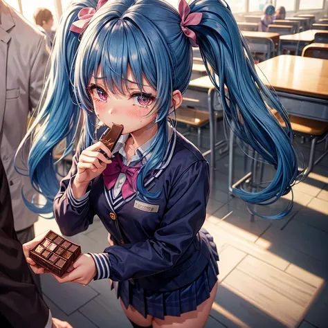 1 girl,Blue hair with twintails,Are crying,school uniform Wearing,erotic eyes,school background,Holding chocolate in hand,valentine&#39;s day