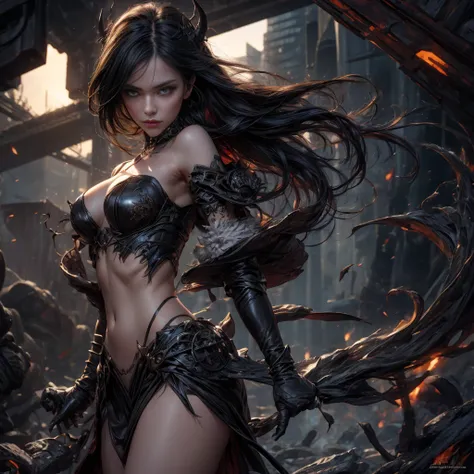 Perfect beautiful photos ((Demon succubus)), Slender body, heaviness, Long hair that is not shaped, tiny horns, (Wear revealing Gothic clothing), Perfect features, Abstract beauty, near-perfect, Pure form, ((Dynamic pose)), Ethereal demon background, (Dark...