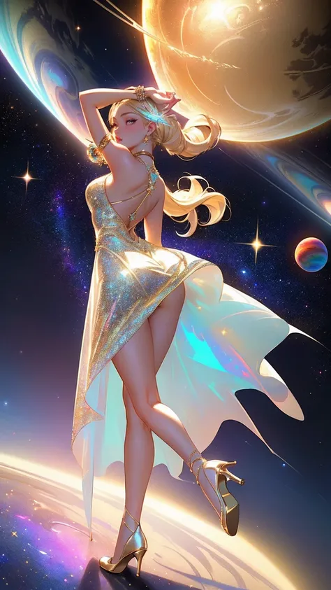 {-erro_de_anatomia:1.0} masterpiece, highest quality, (perfect face:1.1, (high detail)1.1, sweet stardust vampire , long blonde hair, opal eyes, perfectly drawn face, colorful space dress, planets detailed background, prismatic lighting, glitter, whole bod...