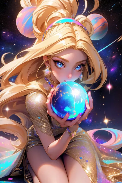 {-erro_de_anatomia:1.0} masterpiece, highest quality, (perfect face:1.1, (high detail)1.1, sweet stardust vampire , long blonde hair, opal eyes, perfectly drawn face, colorful space dress, planets detailed background, prismatic lighting, glitter, whole bod...