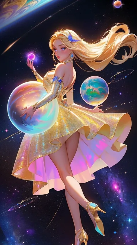 {-erro_de_anatomia:1.0} masterpiece, highest quality, (perfect face:1.1, (high detail)1.1, sweet stardust vampire , long blonde hair, opal eyes, perfectly drawn face, colorful space dress, planets detailed background, prismatic lighting, glitter, whole bod...