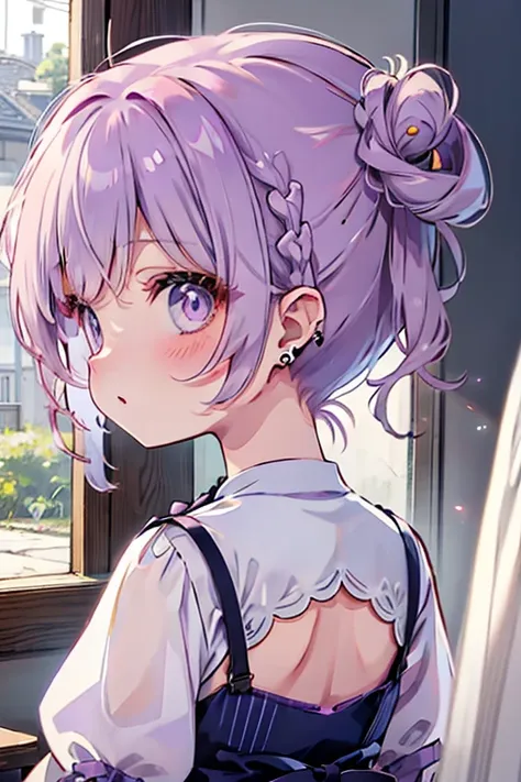 pointy ears, earrings, jewelry, hair bun, 1girl, double bun, braid, multiple views, purple hair, drill hair, from behind