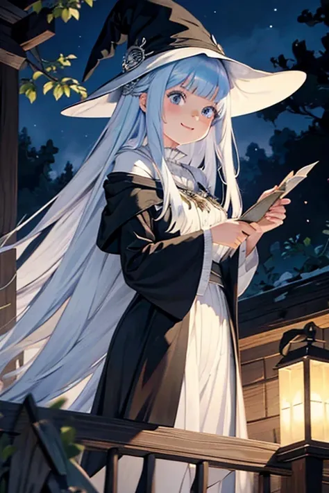 best quality, masterpiece, ultra high resolution, pretty face, girl, white blue hair, hair spread out, hair over shoulder, long hair,  witch hat, light smile, evil smile, smug, anime, anime style, witch, owl, broom, flirty anime, casting magic, witch girl,...