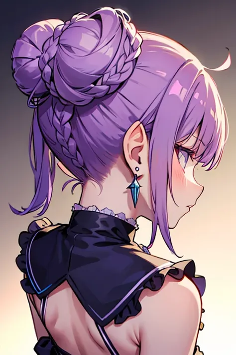  pointy ears, earrings, jewelry, hair bun, 1girl, double bun, braid, multiple views, purple hair, drill hair, from behind