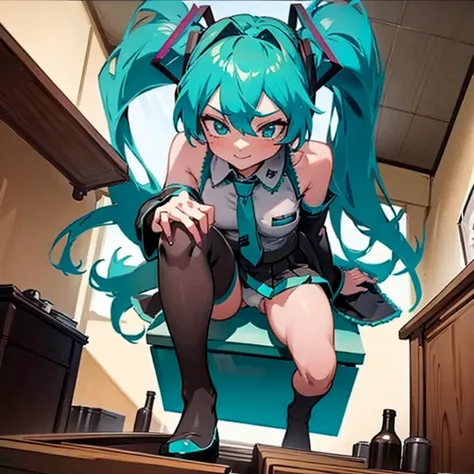 Masterpiece, Hatsune Miku, giantess, looming over tiny guy, indoors, glaring, smirk, intimidating, dominant, femdom, looking down on tiny guy, sitting on tiny guy, perspective of the tiny guy, Miku sticking hand down her panties