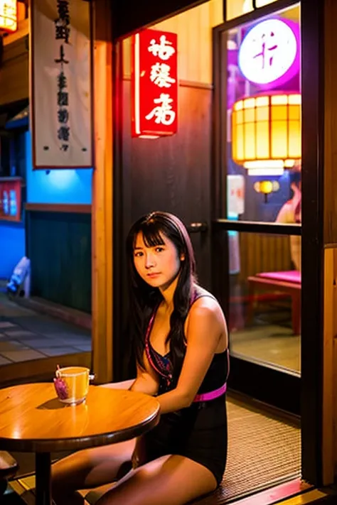 A view from the front of the entrance of a Japanese restaurant。colorful neon。Inside the entrance, you can see the whole body of a young woman sitting in a hana undergarment.。Make your face realistic。baby face。Japanese style。There is an old woman on the str...