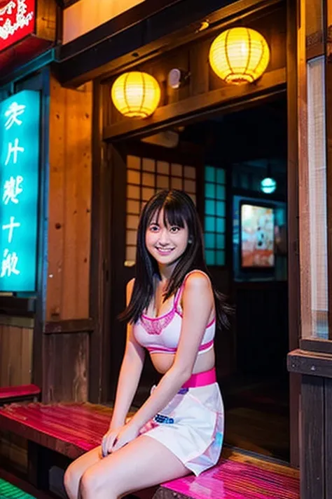 A view from the front of the entrance of a Japanese restaurant。colorful neon。Inside the entrance, you can see the whole body of a young woman sitting in a hana undergarment.。Make your face realistic。baby face。Japanese style。There is an old woman on the str...