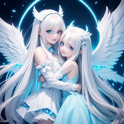 (extremely cute，beautiful girl with white straight long hair and glowing blue eyes who glows white and has wings.，the contrast i...