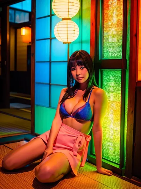 A view from the front of the entrance of a Japanese restaurant。colorful neon。You can see the whole body of a young woman sitting on the floor of the entrance wearing an undergarment.。cleavage。meaty thighs。Make your face realistic。baby face。Japanese style。