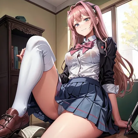 Masterpiece, Monika (Doki Doki Literature Club), giantess, looming over tiny guy, indoors, school uniform, glaring, smirk, intimidating, dominant, femdom, looking down on tiny guy, sitting on tiny guy, perspective of the tiny guy, sticking hand down her pa...