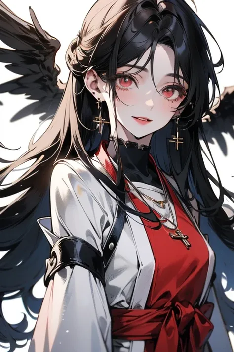 ((最高品質)), ((傑作)), (詳しい), 完璧な顔female, woman, hopeful, smiling, looking at viewer, long hair, wave hair, black hair, red eyes, eyes open, big eyes, pale skin, fair skin, shiny skin, detailed skin, detailed face, tall, slim, t-shirt, piercing, necklace, delic...