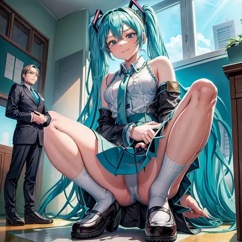 Masterpiece, Hatsune Miku, giantess, looming over tiny guy, indoors, school uniform, glaring, smirk, intimidating, dominant, femdom, looking down on tiny guy, sitting on tiny guy, perspective of the tiny guy, sticking hand down her panties