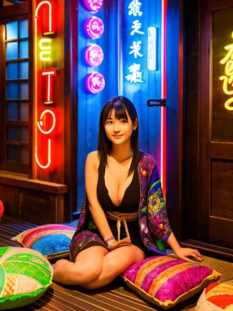 A view from the front of the entrance of a Japanese restaurant。colorful neon lights and decorations。On the floor of the entrance, you can see the whole body of a young woman wearing a hana and sitting on a cushion.。cleavage in kimono。meaty thighs。plump bod...