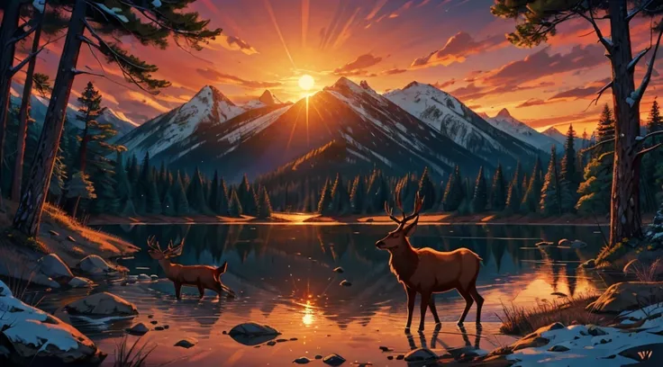 mountain elk drinking water in the forest with sunset in the background, arte detalhada em 9k