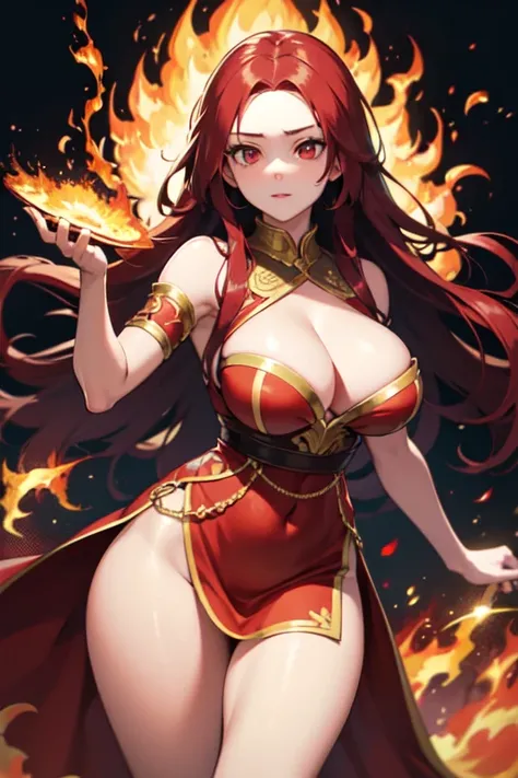 beautiful young woman, perfect body, perfect boobs, perfect thighs, long curvy messy red hair, red eyes, wearing red linen ancient tunic, highly detailed enchanted cloths, flames are twisting around her body, fire radiation, flame sparks around her, flamin...