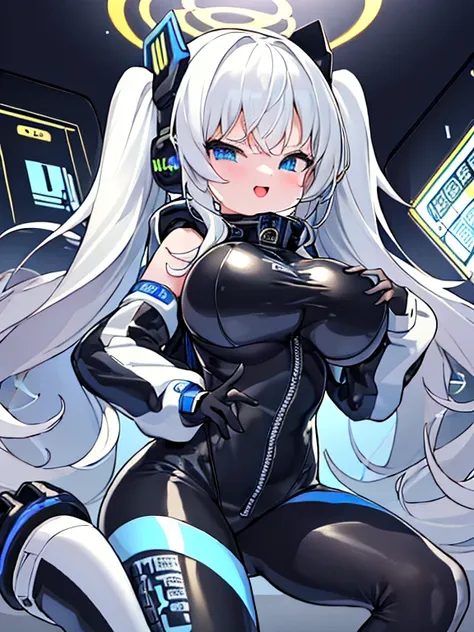 very detailed、masterpiece、high quality、one high school girl、12 years old、Loli、(black and white space suit、accent)、front zipper、(Futuristic, Tight Fit Bodysuit)、headphone、Cyberpunk space station interior background、(colorful golden hair),ロングtwin tails, (blu...