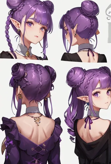 pointy ears, earrings, jewelry, hair bun, 1girl, double bun, braid, multiple views, purple hair, drill hair, from behind