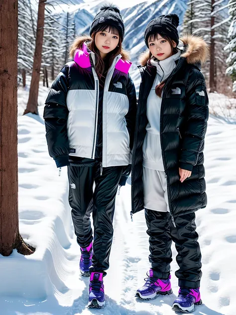 very detailed、masterpiece、(snow mountain background):1.3、a woman in a (white down vest at northface):1.4, white puffer vest and black pants posing for a picture, model is wearing techtical vest, sportswear, sportswear, かわいいsportswear, nanocarbon-vest, whit...