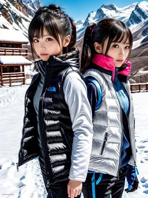 very detailed、masterpiece、(snow mountain background):1.3、a woman in a (white down vest at northface):1.4, white puffer vest and black pants posing for a picture, model is wearing techtical vest, sportswear, sportswear, かわいいsportswear, nanocarbon-vest, whit...