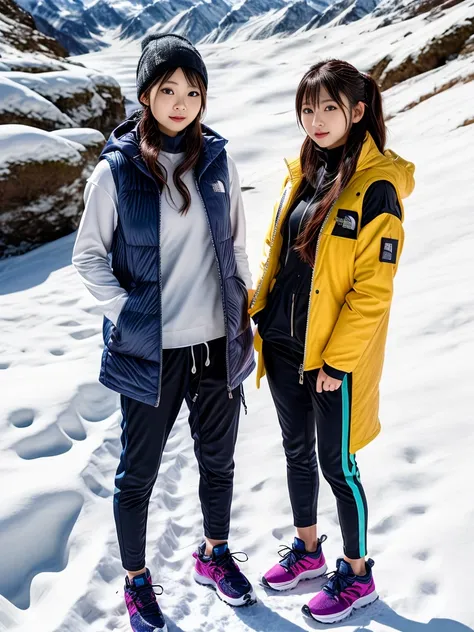 very detailed、masterpiece、(snow mountain background):1.3、a woman in a (white down vest at northface):1.4, white puffer vest and black pants posing for a picture, model is wearing techtical vest, sportswear, sportswear, かわいいsportswear, nanocarbon-vest, whit...