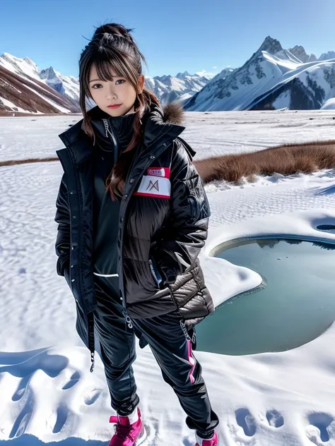 very detailed、masterpiece、(snow mountain background):1.3、a woman in a (white down vest at northface):1.4, white puffer vest and black pants posing for a picture, model is wearing techtical vest, sportswear, sportswear, かわいいsportswear, nanocarbon-vest, whit...