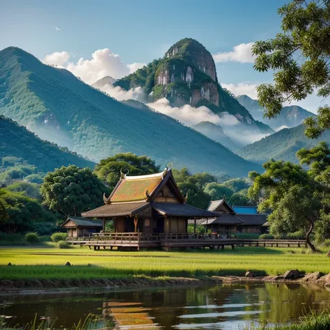 Ancient Thai hut, year 1957，Lacquer painting composition，watercolor style，Mountain background, trees, rice fields f16 iso 800 wide angle