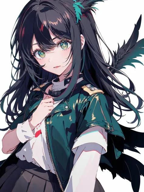 1 girl、black hair、green eyes、leather jacket、hat、Black feathers、white background、simple background