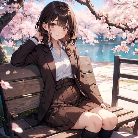 Cherry blossom tree and cherry blossom snowstorm in the background,uniform,one pretty woman,short dark brown hair,Brown blazer,wearing long loose socks,Yankee