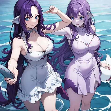 (((Anime))),(((1 woman half shark))),(((white skin))),(((Blue eyes))),(((Long purple wavy hair))),(Curvy body),(((Beautiful dress)))