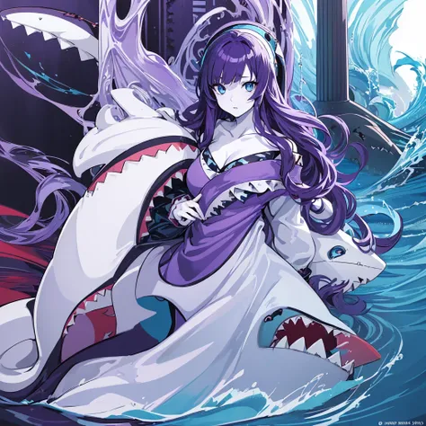 (((Anime))),(((1 woman half shark))),(((white skin))),(((Blue eyes))),(((Long purple wavy hair))),(Curvy body),(((Beautiful dress)))