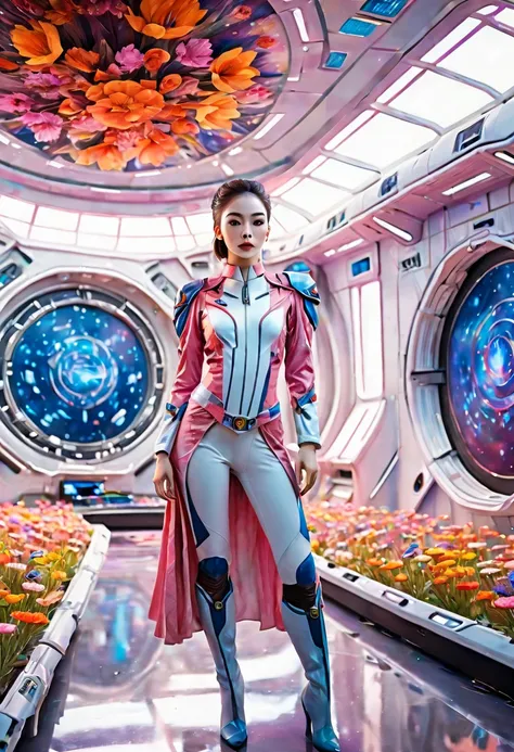 full body portrait of 24 year old female starship captain on futuristic sci-fi background，emphasizing her entire figure and star...