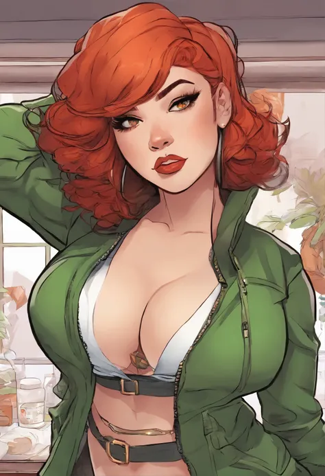 A woman with short, red hair and white tips. She has brown eyes and is wearing black lipstick. She has a thicc body and is dressed in a green jacket and jeans. Big thighs, huge boobs, massive tits, big breast, big butt, sexy, suggestive, flirty face, submi...