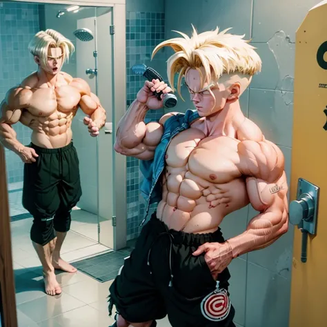 (Eine detaillierte Zeichnung von trunks, bodybuilding shower room), nackt unter der Dusche, Water flows over his naked muscular body, Wet body, gamz body image, Barefoot, bare body, keine Kleidung, keine Hose, Full body image