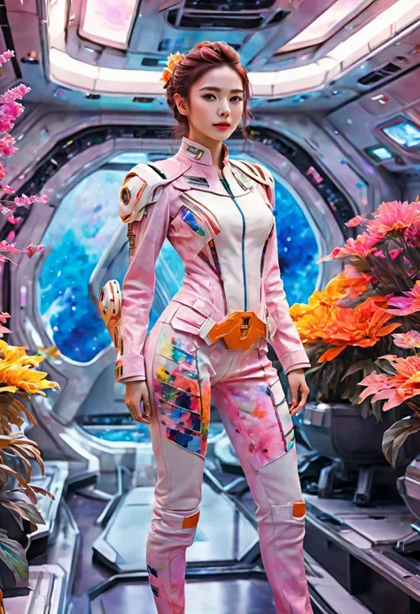 full-length portrait of a 24-year-old female starship captain，in a futuristic sci-fi scenario，highlighting her full body image a...