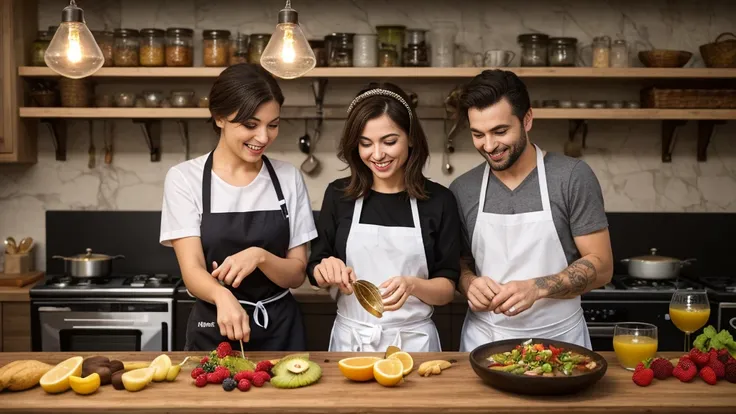 numa cozinha acolhedora e iluminada, um casal interracial compartilha momentos animados enquanto prepara uma bebida refrescante....