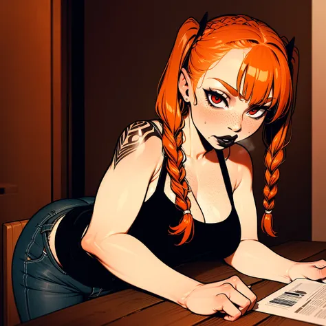  Ginger woman, braided twin tails, freckles, black tank top, jeans, tattoos, interior background, black lipstick, thin, petite, red eye shadow, braided twintails, ginger hair, ginger hair, skinny, bangs, leaning over desk, looking at viewer,  black lipstic...